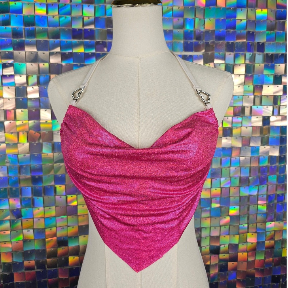 Metallic Pink Halter Top Women OS Pink‎ Excellent Rhinestone Heart Y2K Mcbling